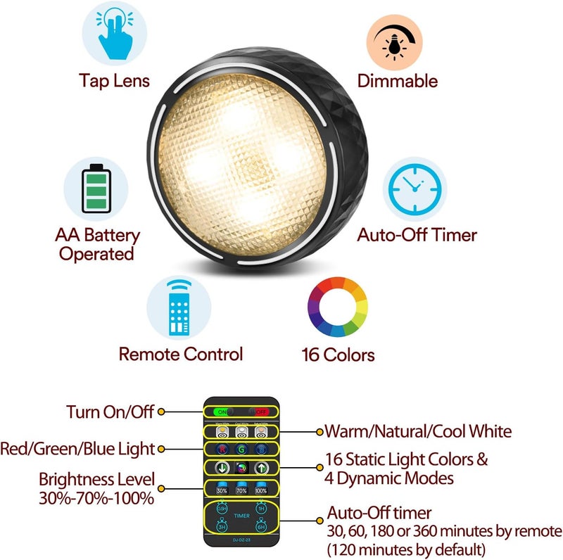 TECOMLIGHT Store LED Puck Lights with Remote Control, Battery Operated Wireless Closet Light, Under Cabinet Lighting Stick on Tap Push Lights, Color Changing Under Counter Light for Kitchen, 6 Pack - Black - Image 4